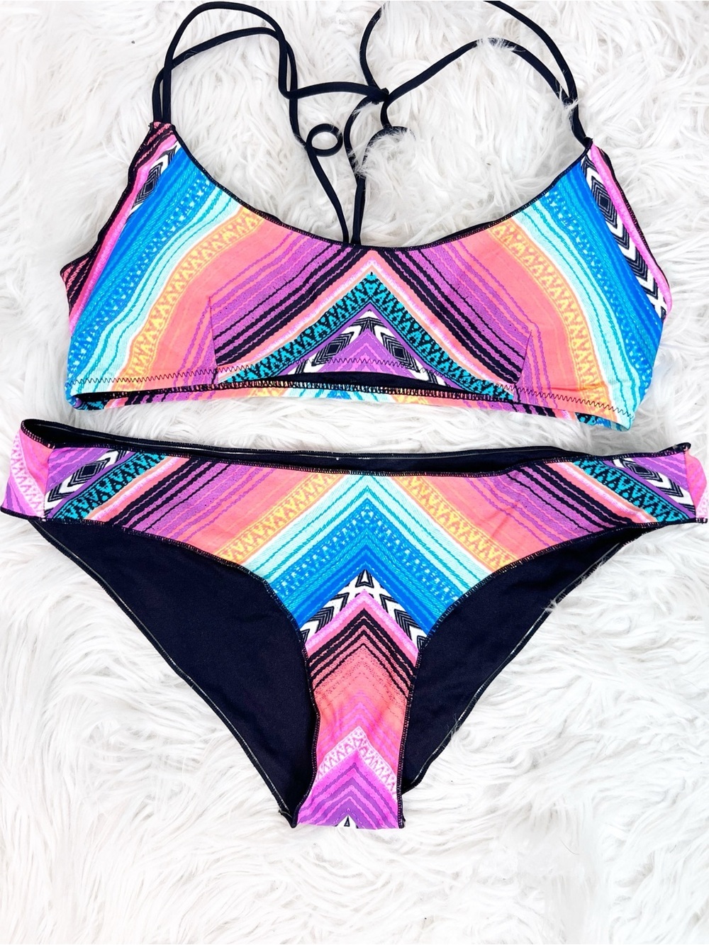 RIPCURL BLACK ORANGE BLUE YELLOW STRIPE 2 PC BIKINI SET WOMENS SMALL MEDIUM